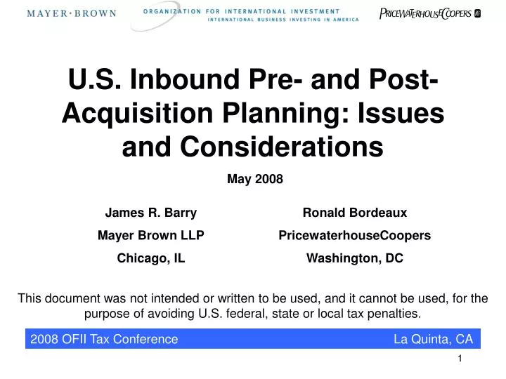 u s inbound pre and post acquisition planning issues and considerations