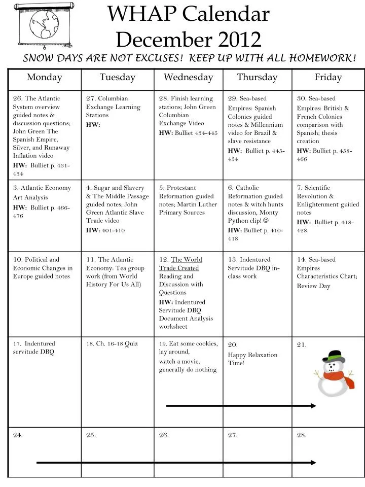 whap calendar december 2012 snow days are not excuses keep up with all homework