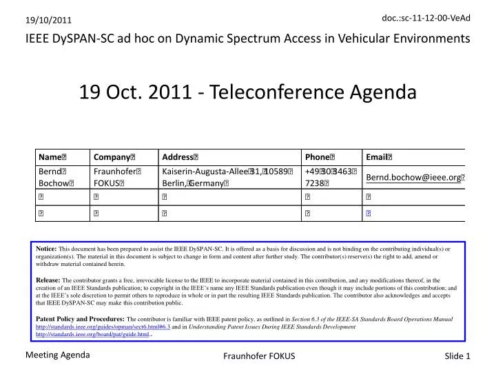 19 oct 2011 teleconference agenda