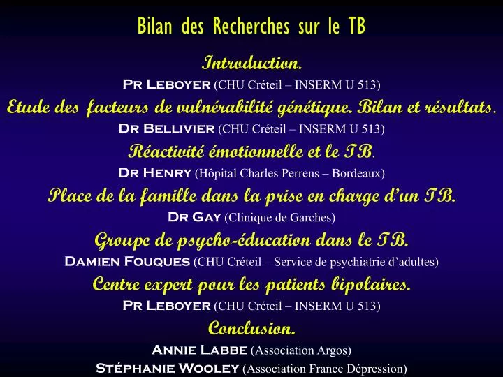 bilan des recherches sur le tb