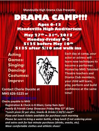 Mandeville High Drama Club Presents: ` DRAMA CAMP!!! Ages 6-13 Mandeville High Auditorium