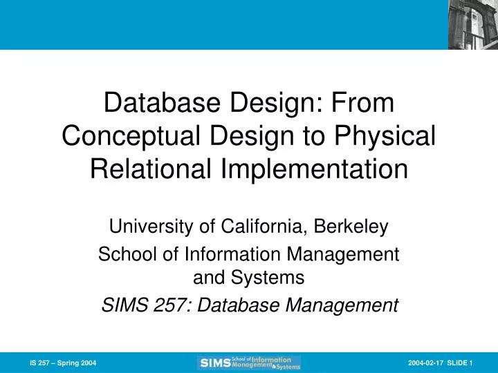 database design from conceptual design to physical relational implementation