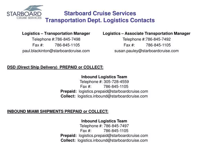 starboard cruise services transportation dept logistics contacts