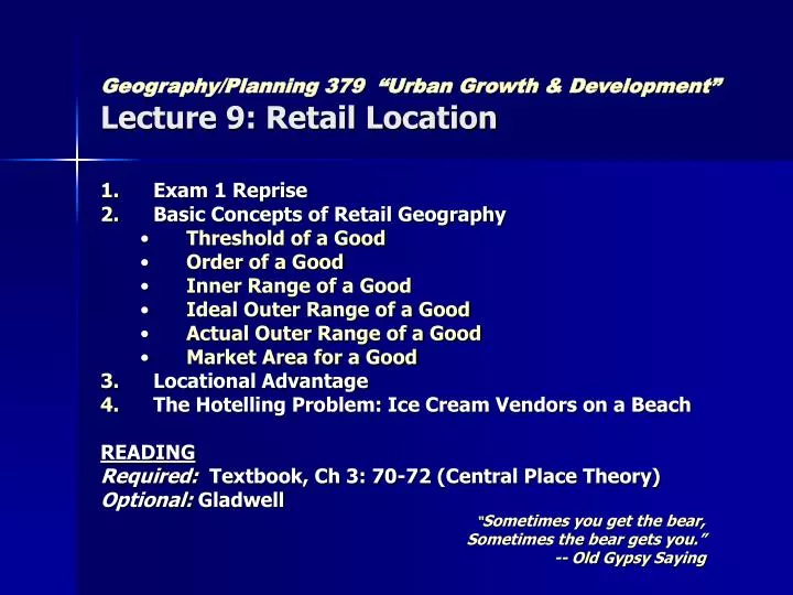 geography planning 379 urban growth development lecture 9 retail location