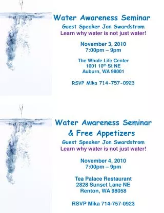 Water Awareness Seminar &amp; Free Appetizers Guest Speaker Jon Swardstrom
