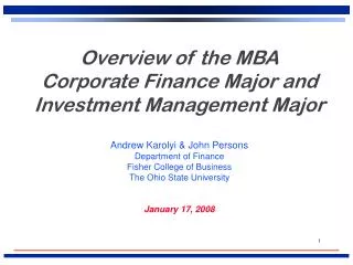 Overview of the MBA Corporate Finance Major and Investment Management Major