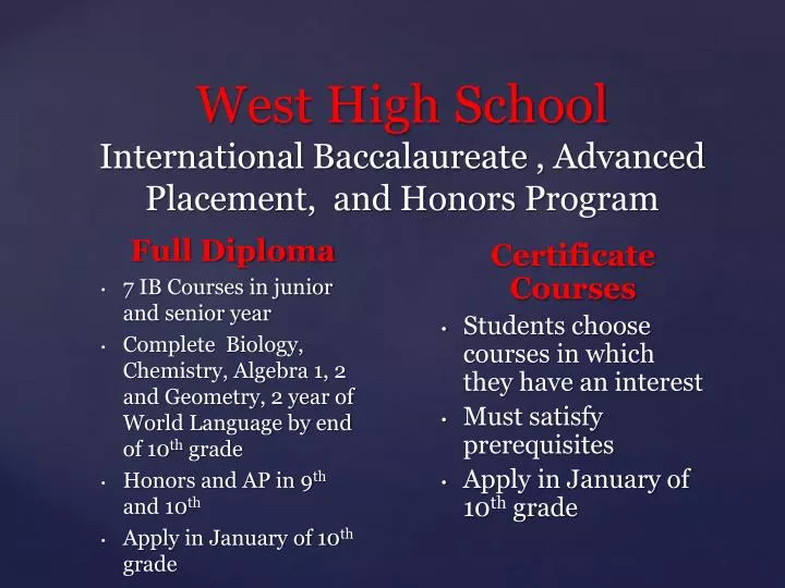 west high school international baccalaureate advanced placement and honors program