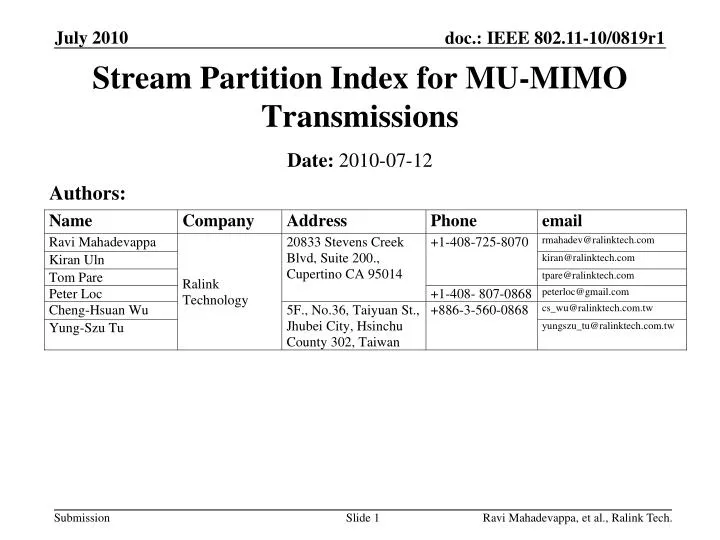 stream partition index for mu mimo transmissions