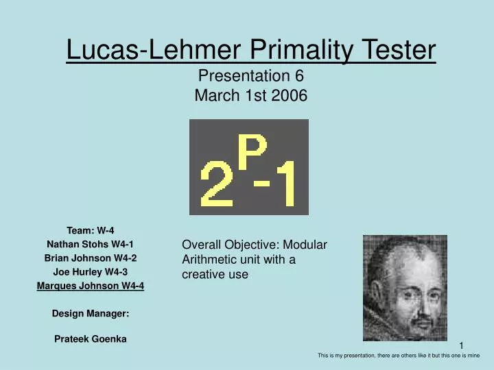 lucas lehmer primality tester presentation 6 march 1st 2006