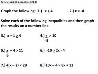 Review : Unit 3C Inequalities (LT1-4 ) Graph the following: 1.) x &gt; 4		2.) x &lt; -4