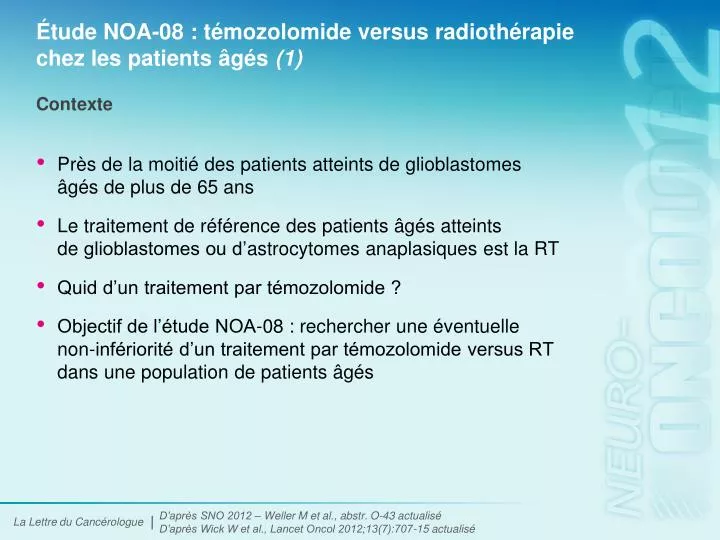 tude noa 08 t mozolomide versus radioth rapie chez les patients g s 1