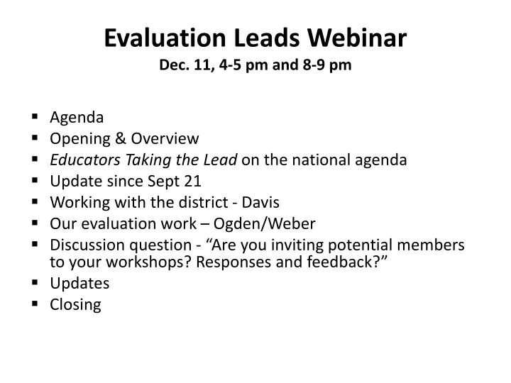evaluation leads webinar dec 11 4 5 pm and 8 9 pm