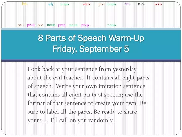 8 parts of speech warm up friday september 5