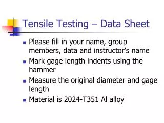Tensile Testing – Data Sheet