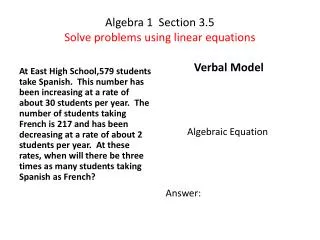 Algebra 1 Section 3.5 Solve problems using linear equations