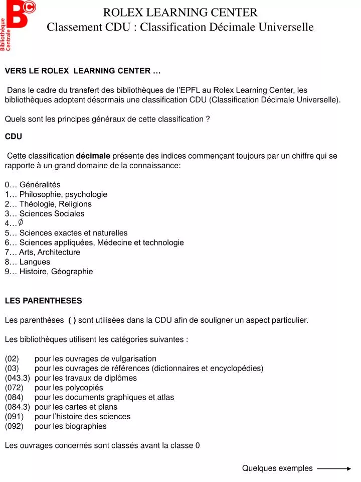 rolex learning center classement cdu classification d cimale universelle