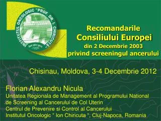 Recomandarile Consiliului Europei din 2 Decembrie 2003 privind screeningul ancerului