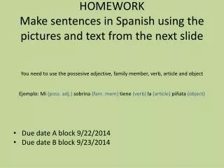 HOMEWORK Make sentences in Spanish using the pictures and text from the next slide