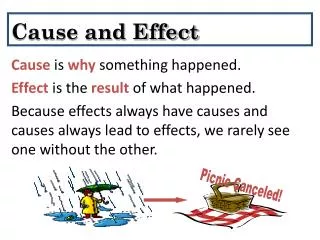 Cause is why something happened. Effect is the result of what happened.