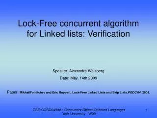 Lock-Free concurrent algorithm for Linked lists: Verification