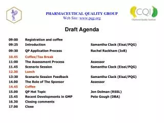 Draft Agenda 09:00 	Registration and coffee 09:25 	Introduction			Samantha Clack (Eisai/PQG)