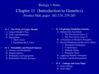 11–1	The Work of Gregor Mendel A.	Gregor Mendel’s Peas B.	Genes and Dominance C.	Segregation