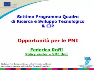 Settimo Programma Quadro di Ricerca e Sviluppo Tecnologico &amp; CIP Opportunità per le PMI