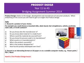 PRODUCT DESIGN Y ear 11 to AS Bridging Assignment Summer 2014