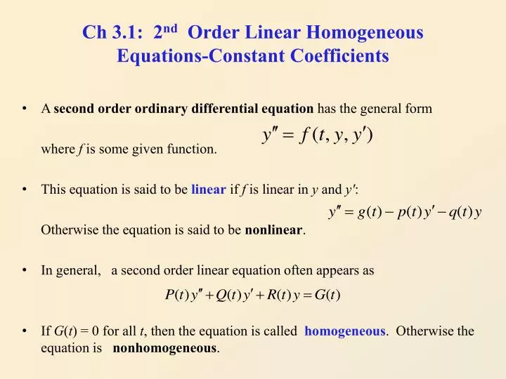 ch 3 1 2 nd order linear homogeneous equations constant coefficients