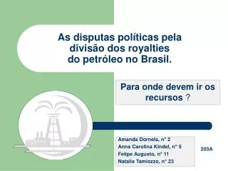 As disputas políticas pela divisão dos royalties do petróleo no Brasil.