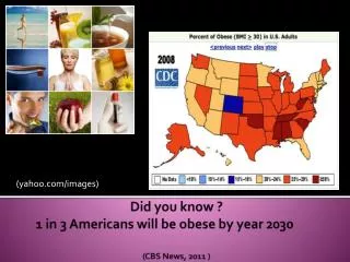 Did you know ? 1 in 3 Americans will be obese by year 2030 	 (CBS News, 2011 )