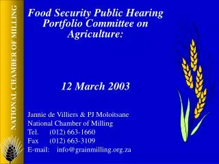 Food Security Public Hearing Portfolio Committee on Agriculture: 12 March 2003