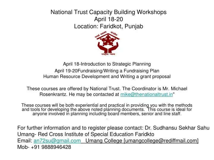 national trust capacity building workshops april 18 20 location faridkot punjab