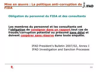 Mise en œuvre : La politique anti-corruption du FIDA