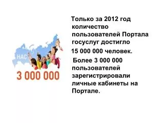 Только за 2012 год количество пользователей Портала госуслуг достигло 15 000 000 человек.