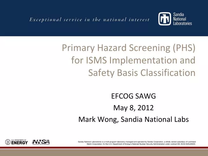 primary hazard screening phs for isms implementation and safety basis classification