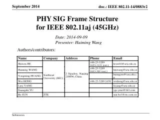 PHY SIG Frame Structure for IEEE 802.11aj (45GHz)