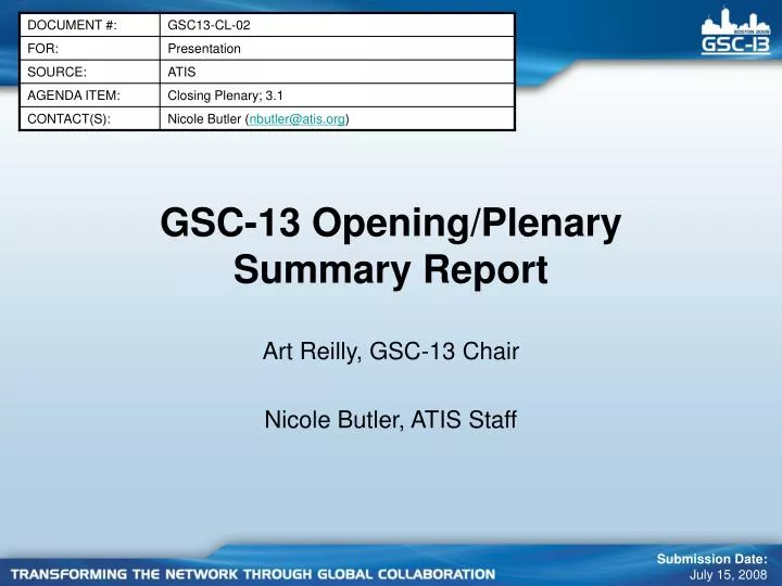 gsc 13 opening plenary summary report