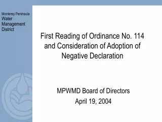 First Reading of Ordinance No. 114 and Consideration of Adoption of Negative Declaration