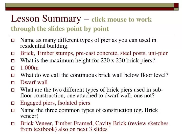 lesson summary click mouse to work through the slides point by point