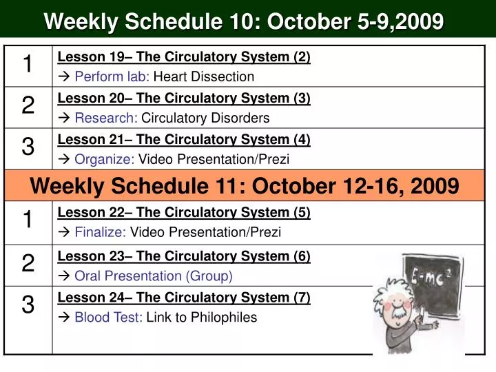 weekly schedule 10 october 5 9 2009