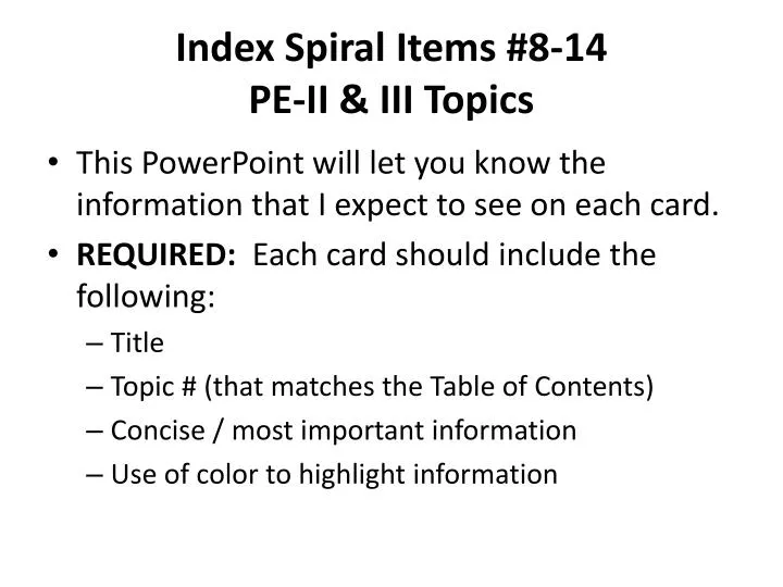 index spiral items 8 14 pe ii iii topics