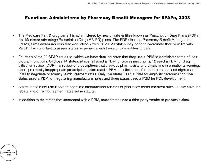 functions administered by pharmacy benefit managers for spaps 2003
