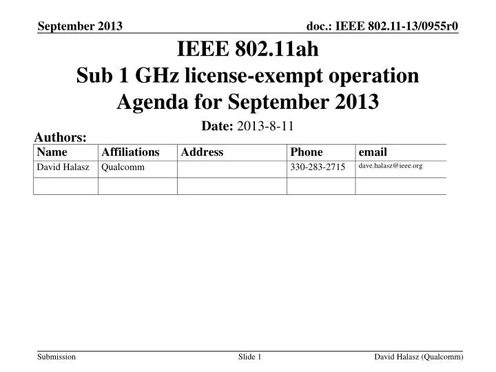 ieee 802 11ah sub 1 ghz license exempt operation agenda for september 2013
