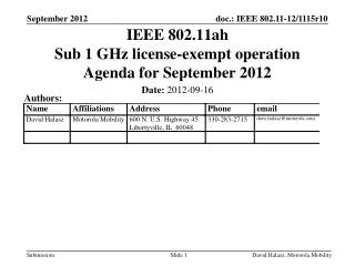 IEEE 802.11ah Sub 1 GHz license-exempt operation Agenda for September 2012