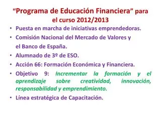 “ Programa de Educación Financiera ” para el curso 2012/2013