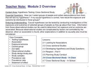Teacher Note: Module 2 Overview Content Area: Hypothesis-Testing: Cross-Sectional Study