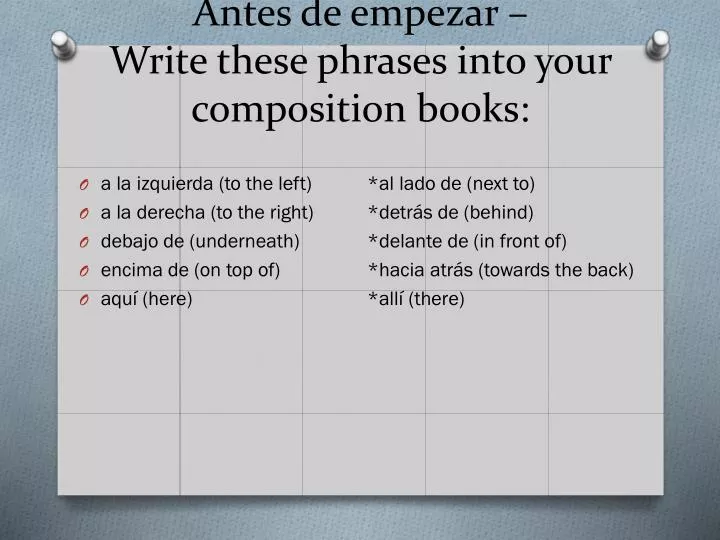 antes de empezar write these phrases into your composition books