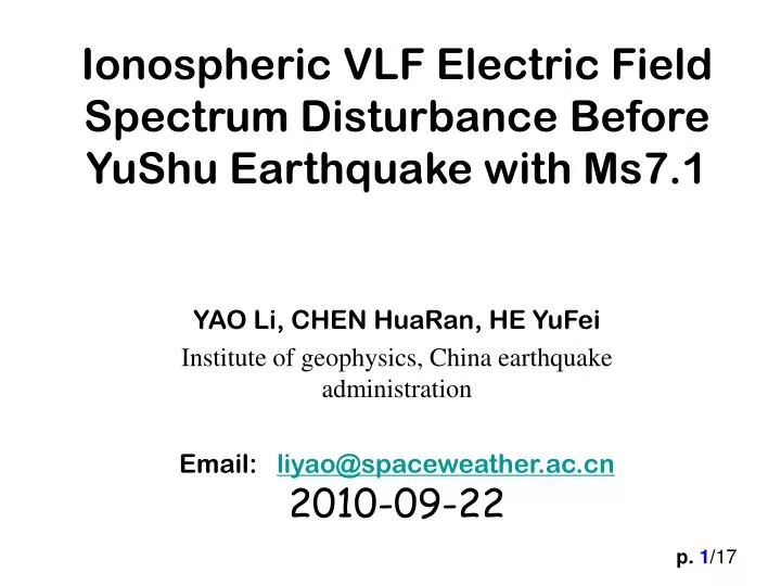 ionospheric vlf electric field spectrum disturbance before yushu earthquake with ms7 1