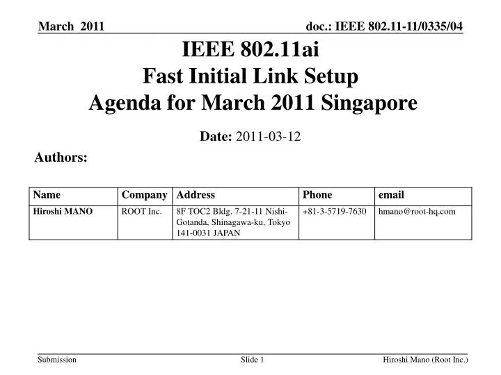 ieee 802 11ai fast initial link setup agenda for march 2011 singapore